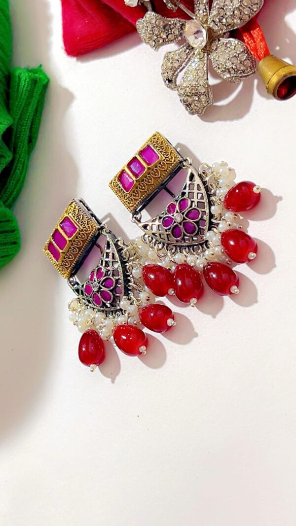 Brass Floral Drop Earrings ( Ruby) - Image 2
