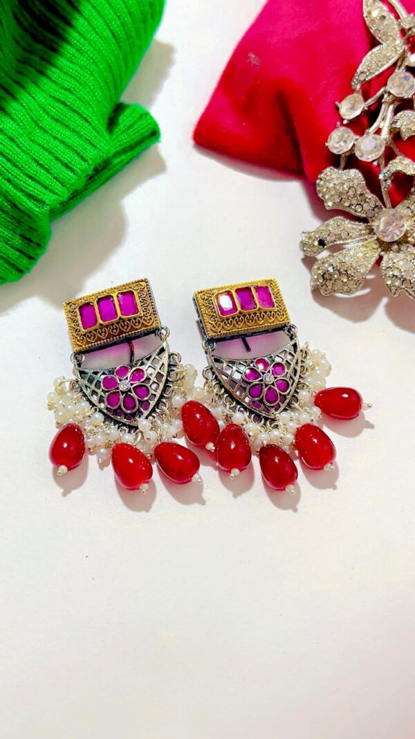 Brass Floral Drop Earrings ( Ruby)