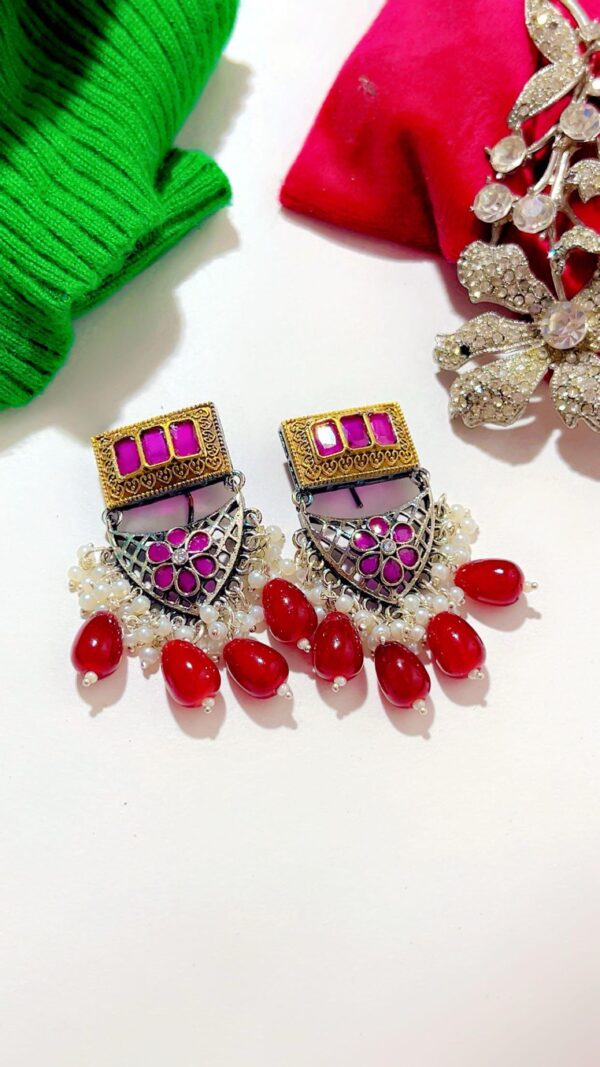 Brass Floral Drop Earrings ( Ruby) - Image 3